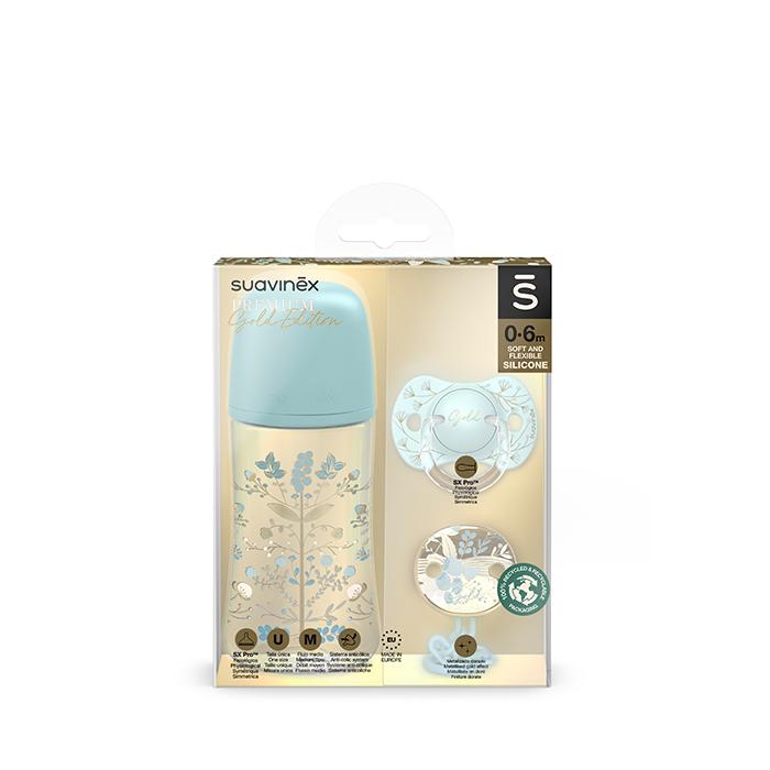 GOLD SET FĽAŠA 270ml + CUMLÍK FYZIOLOGICKÝ 0/6 + KLIP GOLD - MODRÁ